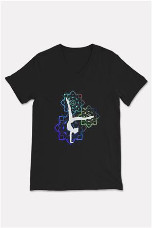 Yoga Baskılı Unisex Siyah V Yaka Tişört