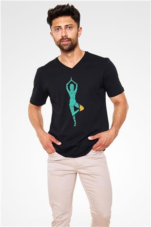 Yoga Baskılı Unisex Siyah V Yaka Tişört