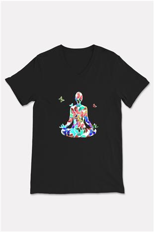 Yoga Baskılı Unisex Siyah V Yaka Tişört