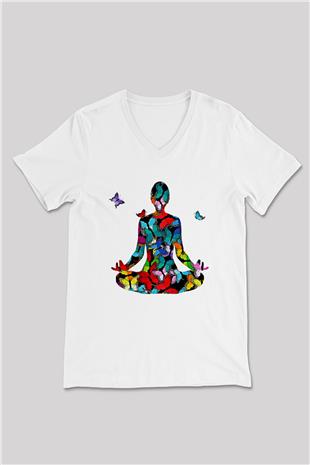 Yoga Baskılı Unisex V Yaka Tişört - Tshirt