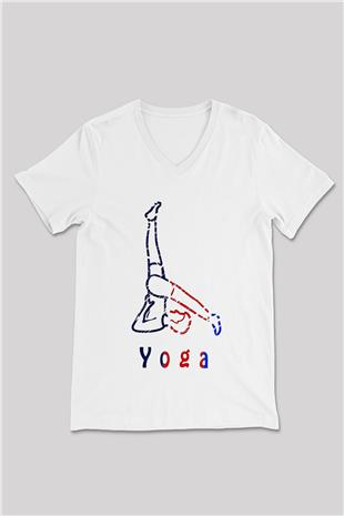 Yoga Baskılı Unisex V Yaka Tişört - Tshirt