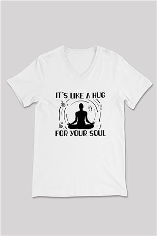 Yoga Baskılı Unisex V Yaka Tişört - Tshirt