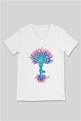 Yoga Baskılı Unisex V Yaka Tişört - Tshirt
