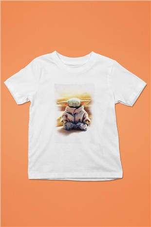Yoga Yoda Baskılı Unisex Beyaz  Çocuk Tişört