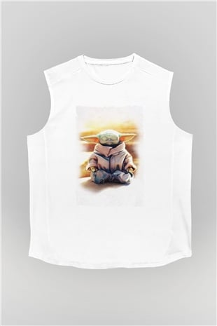Yoga Yoda Baskılı Unisex Beyaz  Kolsuz Tişört