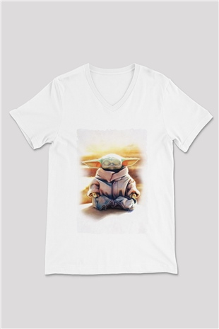 Yoga Yoda Baskılı Unisex Beyaz  V Yaka Tişört
