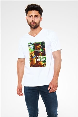 Yogi Bear Ayı Yogi Beyaz Unisex  V Yaka Tişört