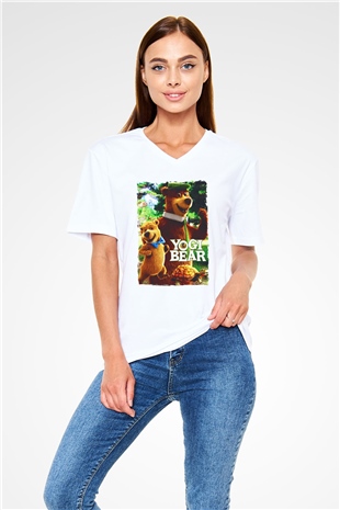 Yogi Bear Ayı Yogi Beyaz Unisex  V Yaka Tişört