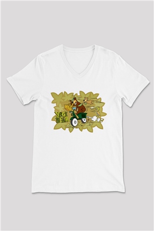 Yogi Bear Ayı Yogi Beyaz Unisex V Yaka Tişört