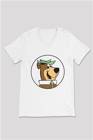 Yogi Bear Ayı Yogi Beyaz Unisex V Yaka Tişört