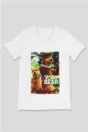 Yogi Bear Ayı Yogi Beyaz Unisex  V Yaka Tişört
