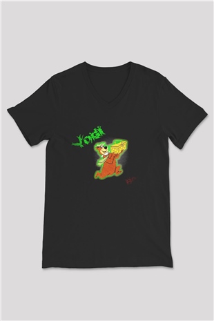 Yogi Bear Ayı Yogi Siyah Unisex  V Yaka Tişört