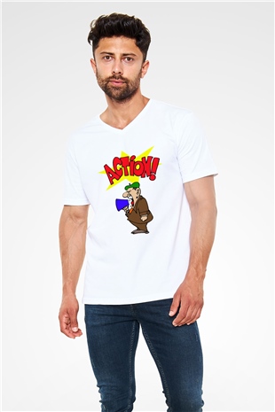Yönetmen Beyaz Unisex V Yaka Tişört T-Shirt