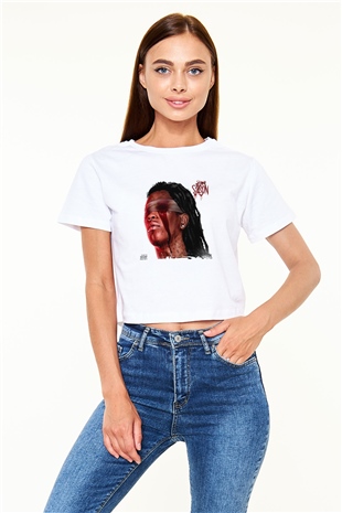 Young Thug Baskılı Beyaz Kadın Crop Top Tişört