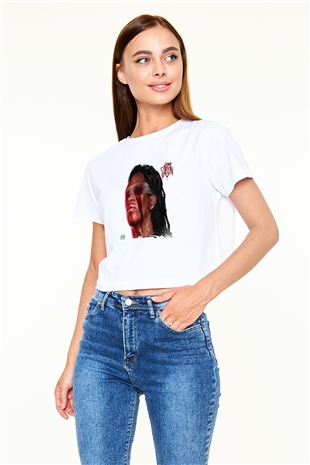 Young Thug Baskılı Beyaz Kadın Crop Top Tişört