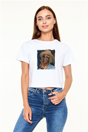 Young Thug Baskılı Beyaz Kadın Crop Top Tişört
