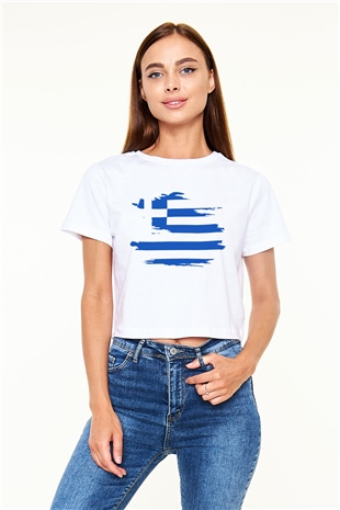 Yunanistan Beyaz Croptop Tişört