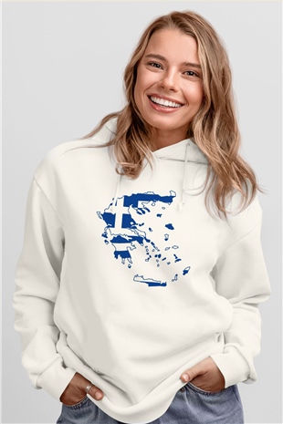 Yunanistan Beyaz Unisex Kapşonlu Sweatshirt