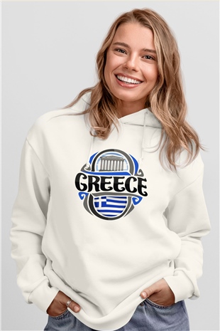 Yunanistan Beyaz Unisex Kapşonlu Sweatshirt