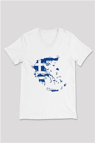 Yunanistan Beyaz Unisex V Yaka Tişört T-Shirt