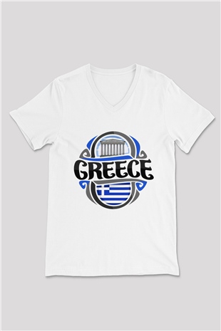 Yunanistan Beyaz Unisex V Yaka Tişört T-Shirt
