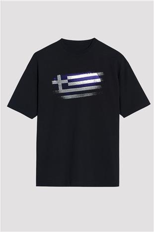 Yunanistan - Greece Bayrağı Baskılı Unisex Siyah Oversize Tişört