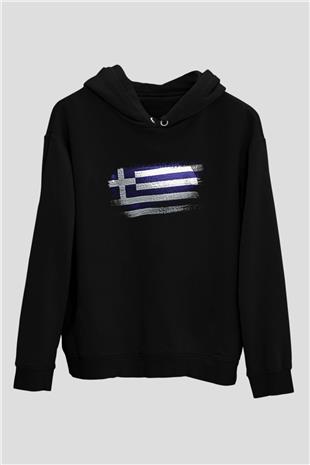 Yunanistan - Greece Bayrağı Baskılı Unisex Siyah Kapüşonlu Sweatshirt