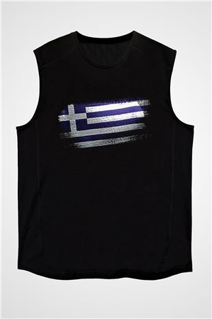 Yunanistan - Greece Bayrağı Baskılı Unisex Siyah Kolsuz Tişört