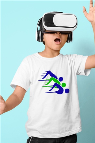 Yüzme Baskılı Beyaz Unisex Çocuk Tişört