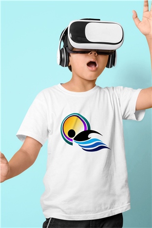 Yüzme Baskılı Beyaz Unisex Çocuk Tişört