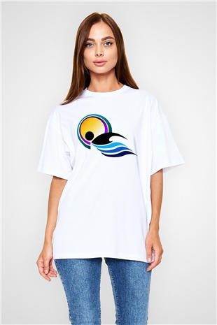 Yüzme Beyaz Unisex Oversize Tişört T-Shirt