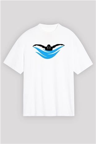 Yüzme Beyaz Unisex Oversize Tişört T-Shirt