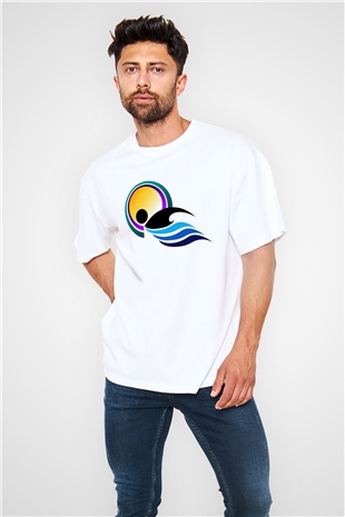 Yüzme Beyaz Unisex Oversize Tişört T-Shirt
