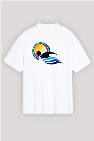 Yüzme Beyaz Unisex Oversize Tişört T-Shirt