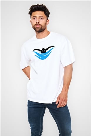 Yüzme Beyaz Unisex Oversize Tişört T-Shirt