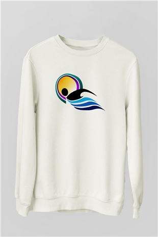 Yüzme Beyaz Unisex Sweatshirt