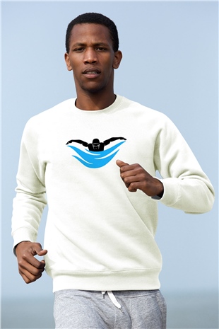 Yüzme Beyaz Unisex Sweatshirt