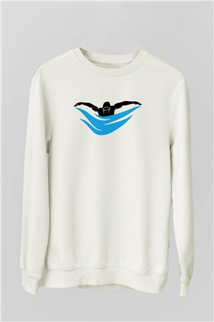 Yüzme Beyaz Unisex Sweatshirt