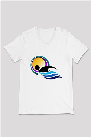 Yüzme Beyaz Unisex V Yaka Tişört T-Shirt