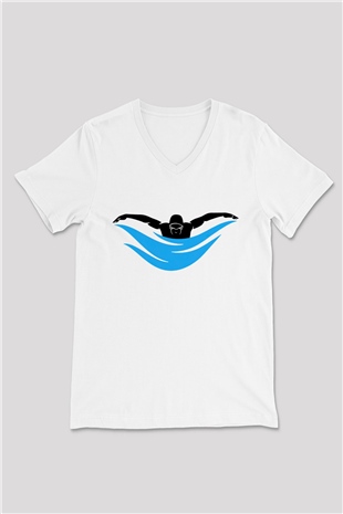 Yüzme Beyaz Unisex V Yaka Tişört T-Shirt
