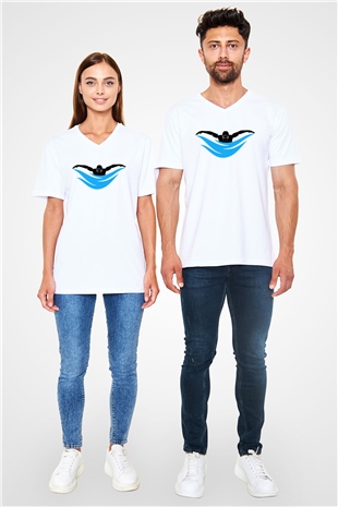 Yüzme Beyaz Unisex V Yaka Tişört T-Shirt