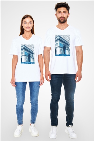 Zafer Takı Beyaz Unisex V Yaka Tişört