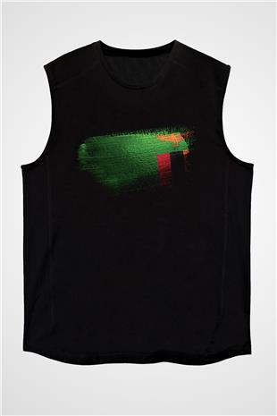 Zambiya - Zambia Bayrağı Baskılı Unisex Siyah Kolsuz Tişört