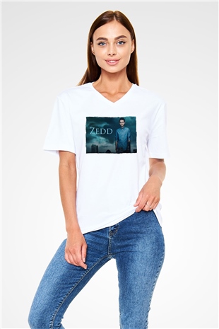Zedd Beyaz Unisex V Yaka Tişört