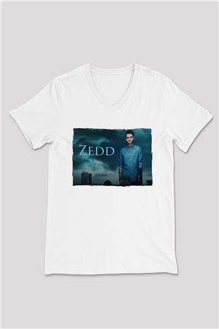 Zedd Beyaz Unisex V Yaka Tişört