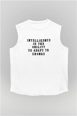 Zeka Tanımı Baskılı Unisex Kolsuz Beyaz Tişört - Tshirt