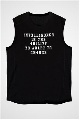 Zeka Tanımı Baskılı Unisex Kolsuz Siyah Tişört - Tshirt