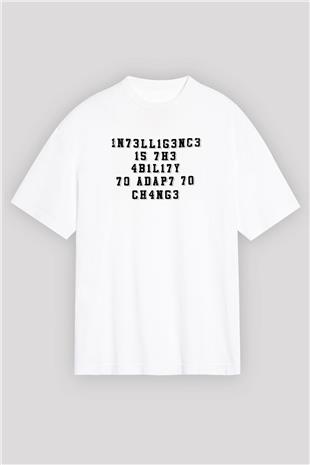 Zeka Tanımı Baskılı Unisex Oversize Beyaz Tişört - Tshirt
