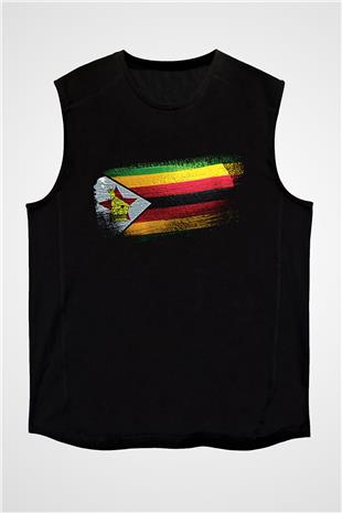 Zimbabve - Zimbabwe Bayrağı Baskılı Unisex Siyah Kolsuz Tişört