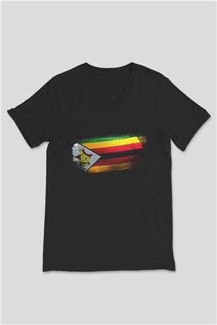 Zimbabve - Zimbabwe Bayrağı Baskılı Unisex Siyah V Yaka Tişört